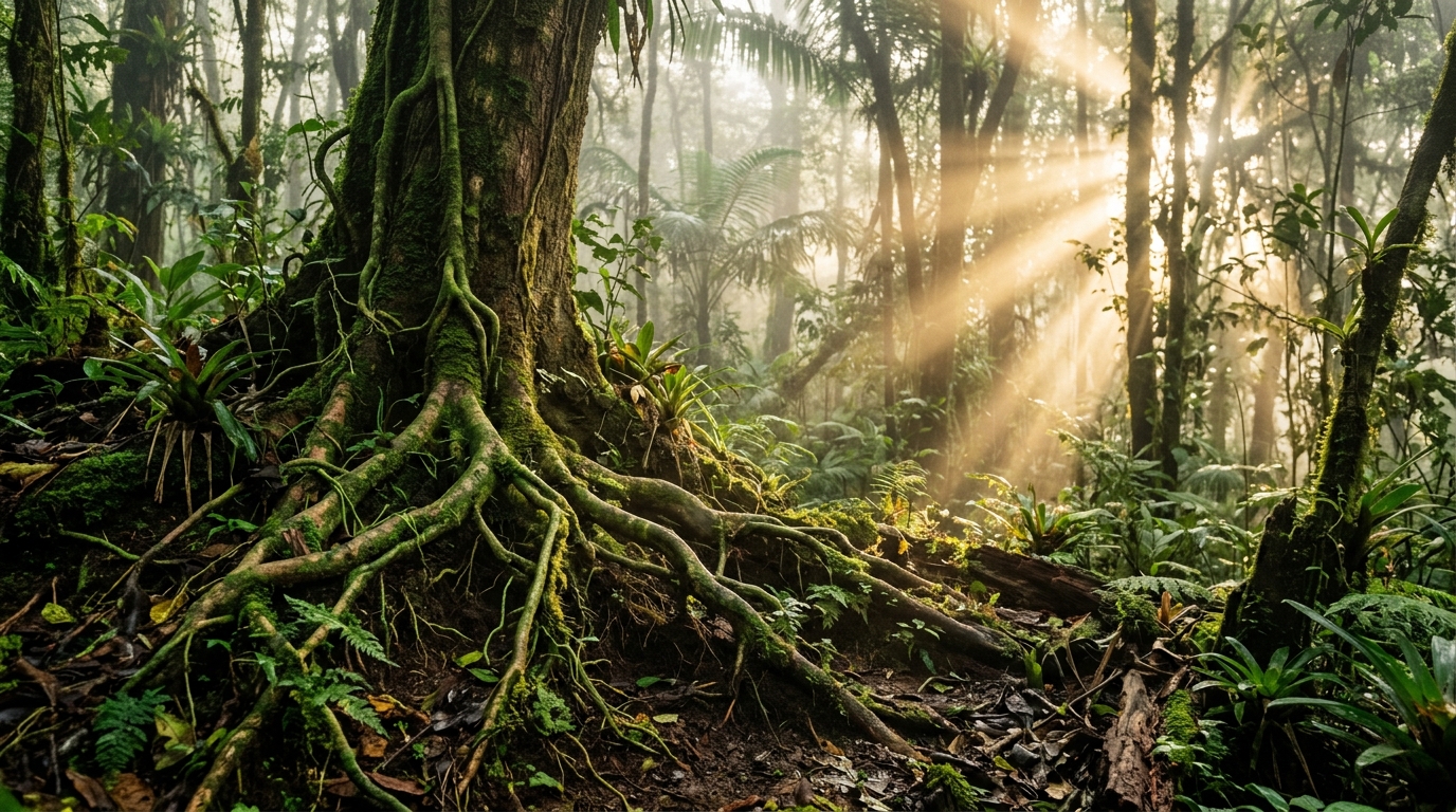 Raíces de árboles y luz del sol en un bosque colombiano