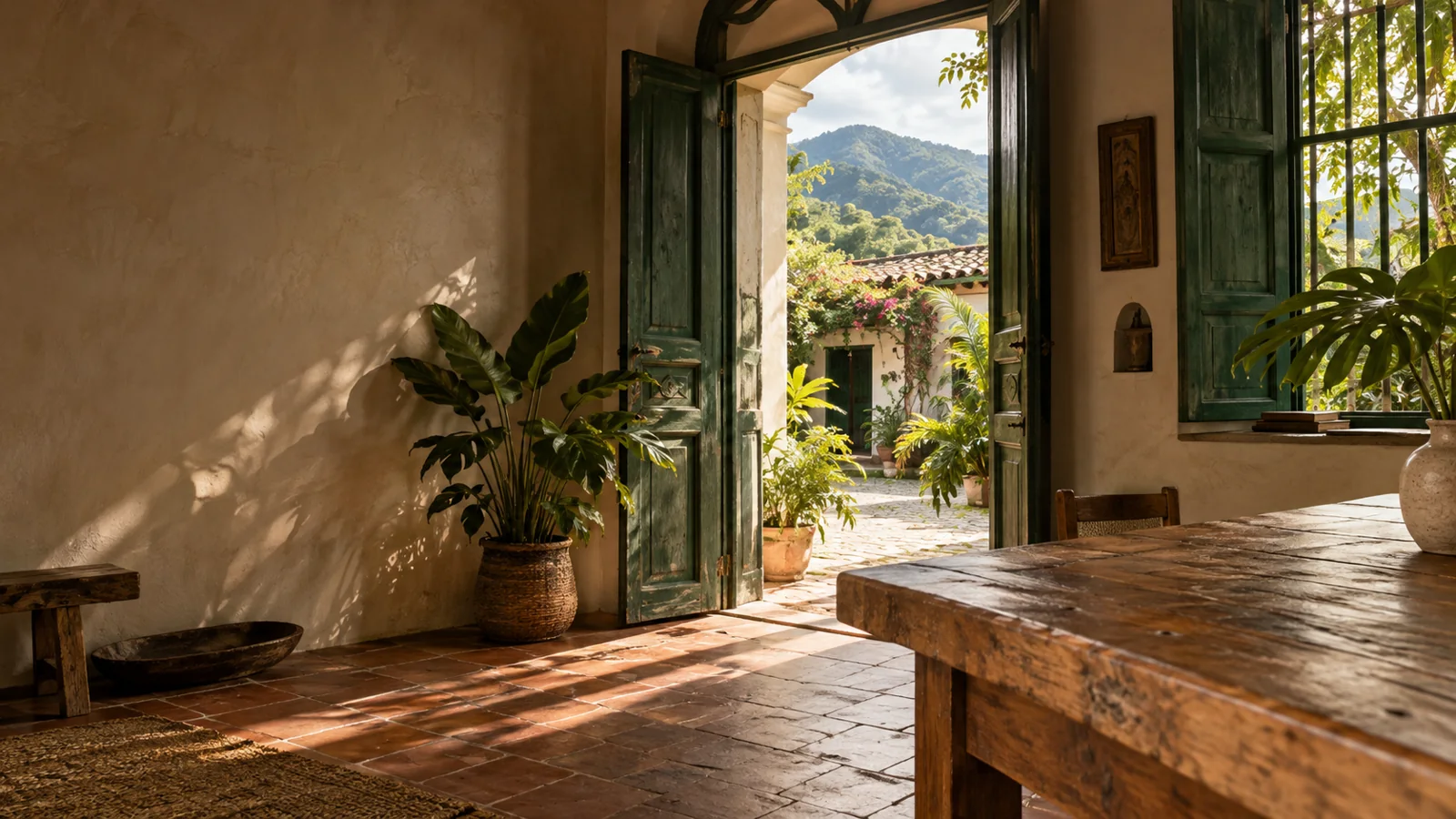 Escena de una casa colombiana, con puerta abierta al jardín y una mesa de madera